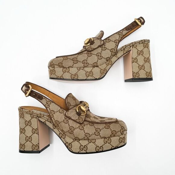 Gucci GG Horsebit Platform Slingback Square Toe Pumps New 37 US 7 - Picture 7 of 15
